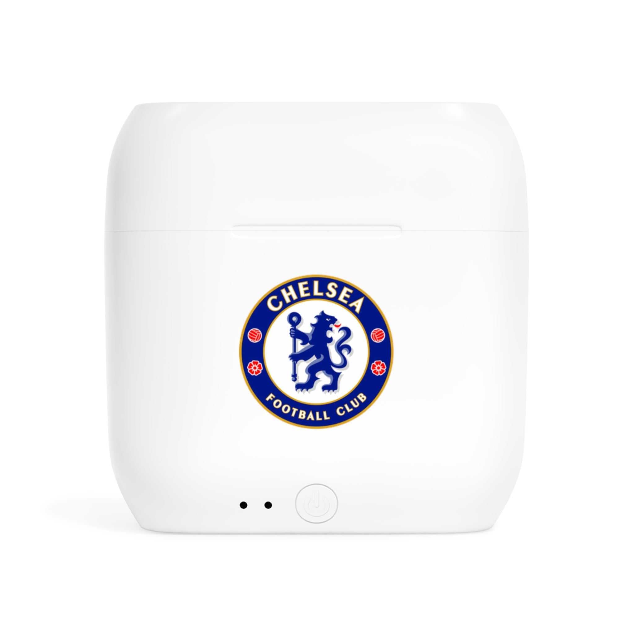 White Chelsea Fc wireless earbuds charging case with fan-inspired club crest design