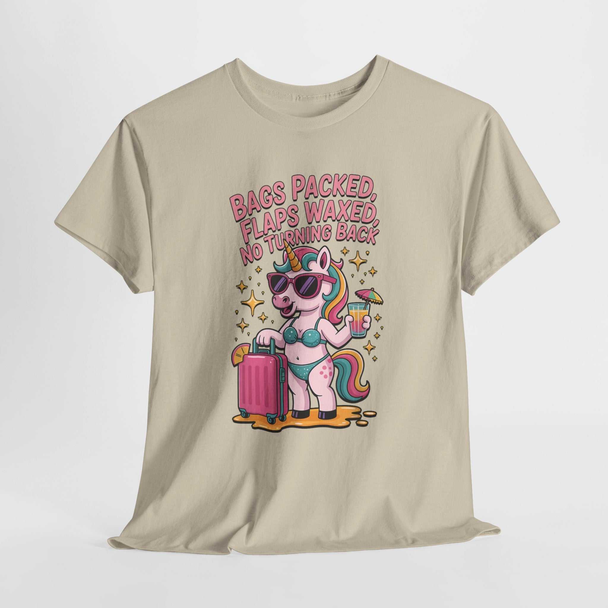 Bags Packed Flaps Waxed T-shirt with bold travel quote for girls' trips and vacations