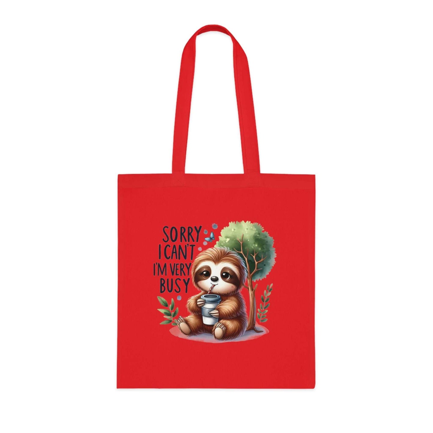 Cute sloth tote bag with vibrant colors, cotton fabric, perfect for essentials, ideal for gifting.