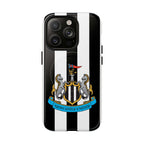 Newcastle United MagSafe iPhone case with black and white stripes and club crest, durable dual-layer protection, MagSafe compatible.
