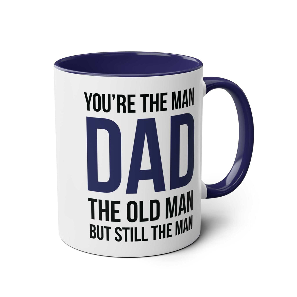 Fathers Day Gift Mug with humorous message, ceramic, blue and white design, perfect for dads.