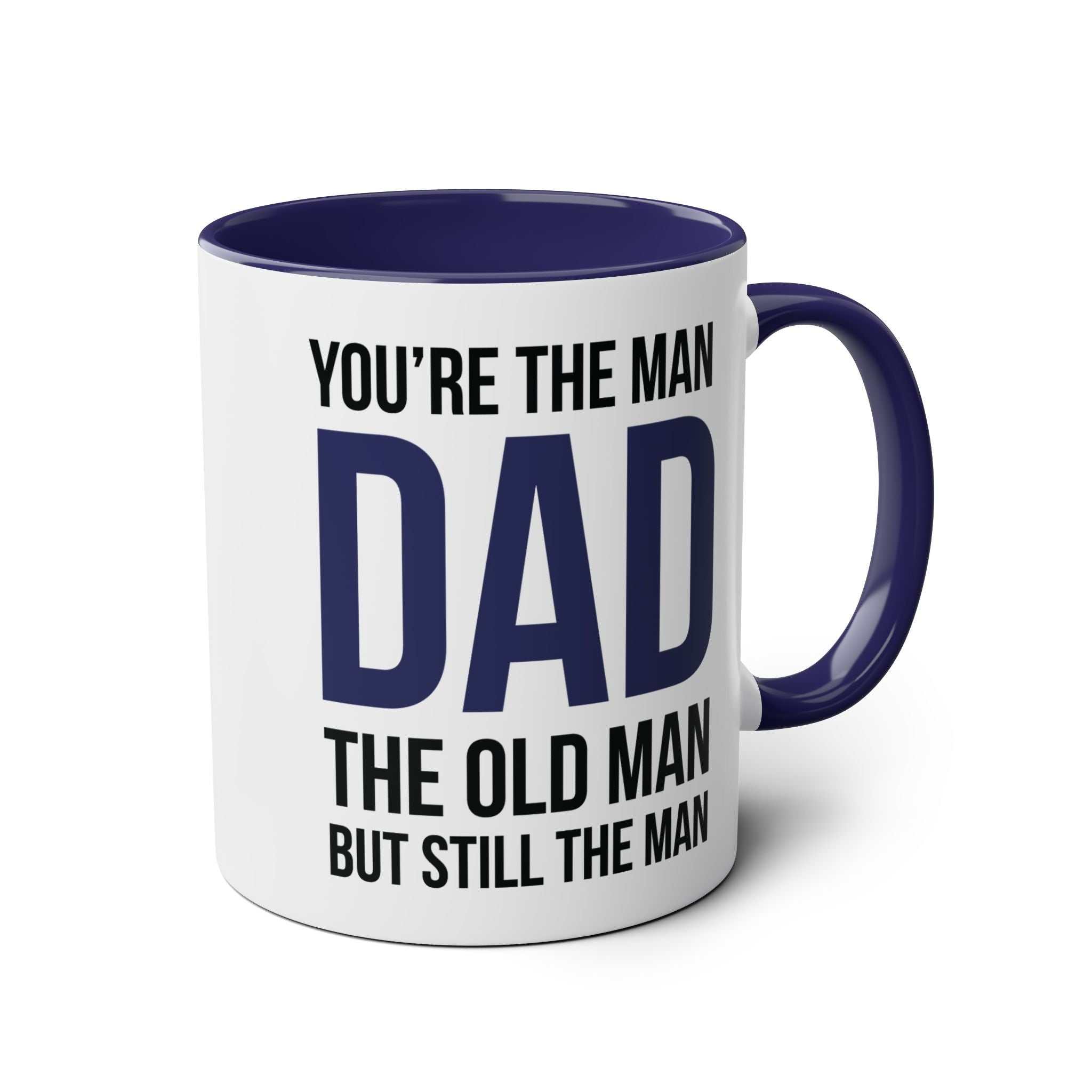 Fathers Day Gift Mug with humorous message, ceramic, blue and white design, perfect for dads.