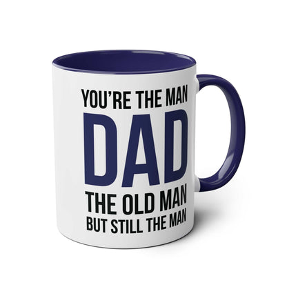 Fathers Day Gift Mug with humorous message, ceramic, blue and white design, perfect for dads.