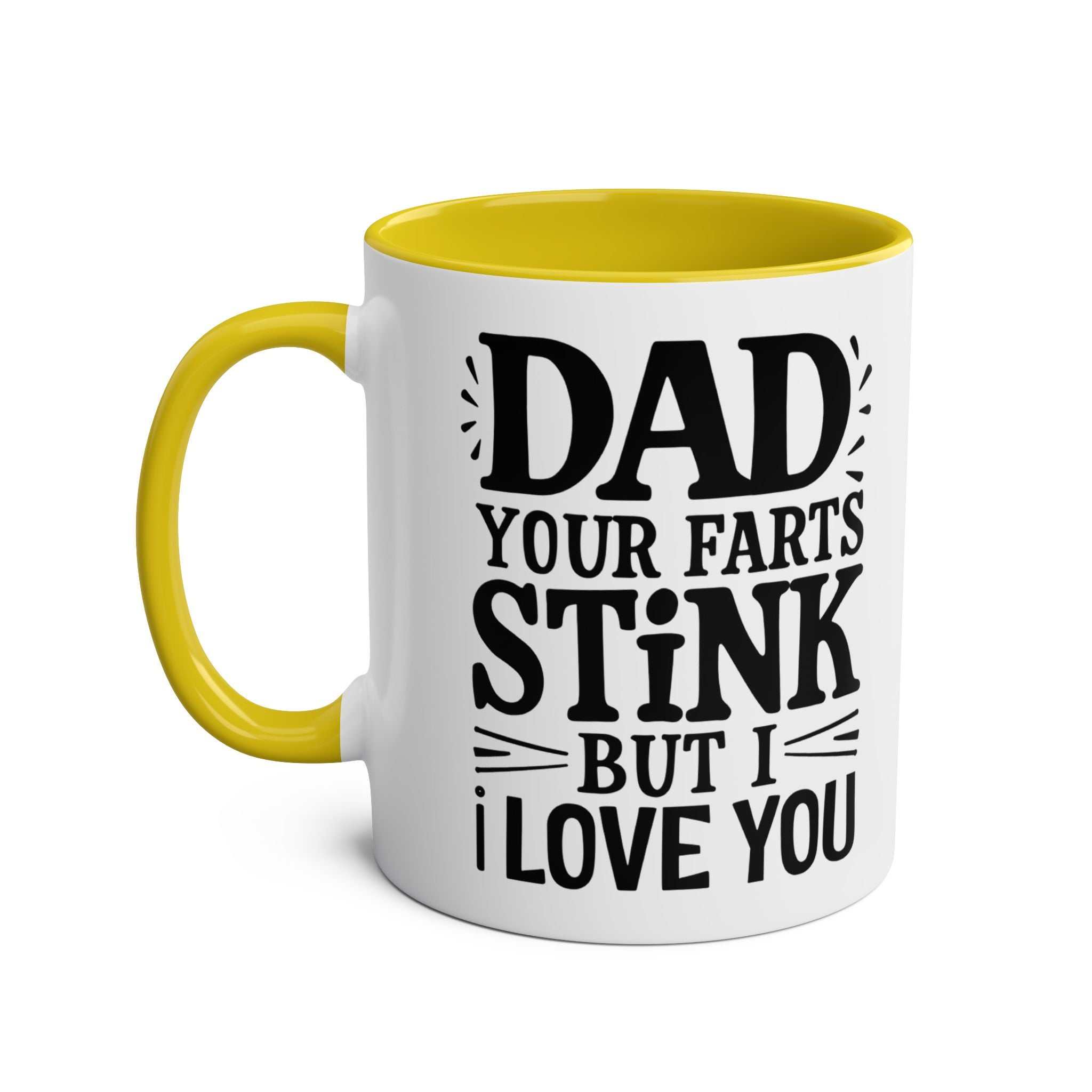 Fun Fathers Day Gift Mug with humorous text and yellow interior, perfect Father's Day present.
