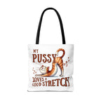 Fun stretching cat tote bag with cheeky design, durable spun polyester, and multiple handle color options for everyday use