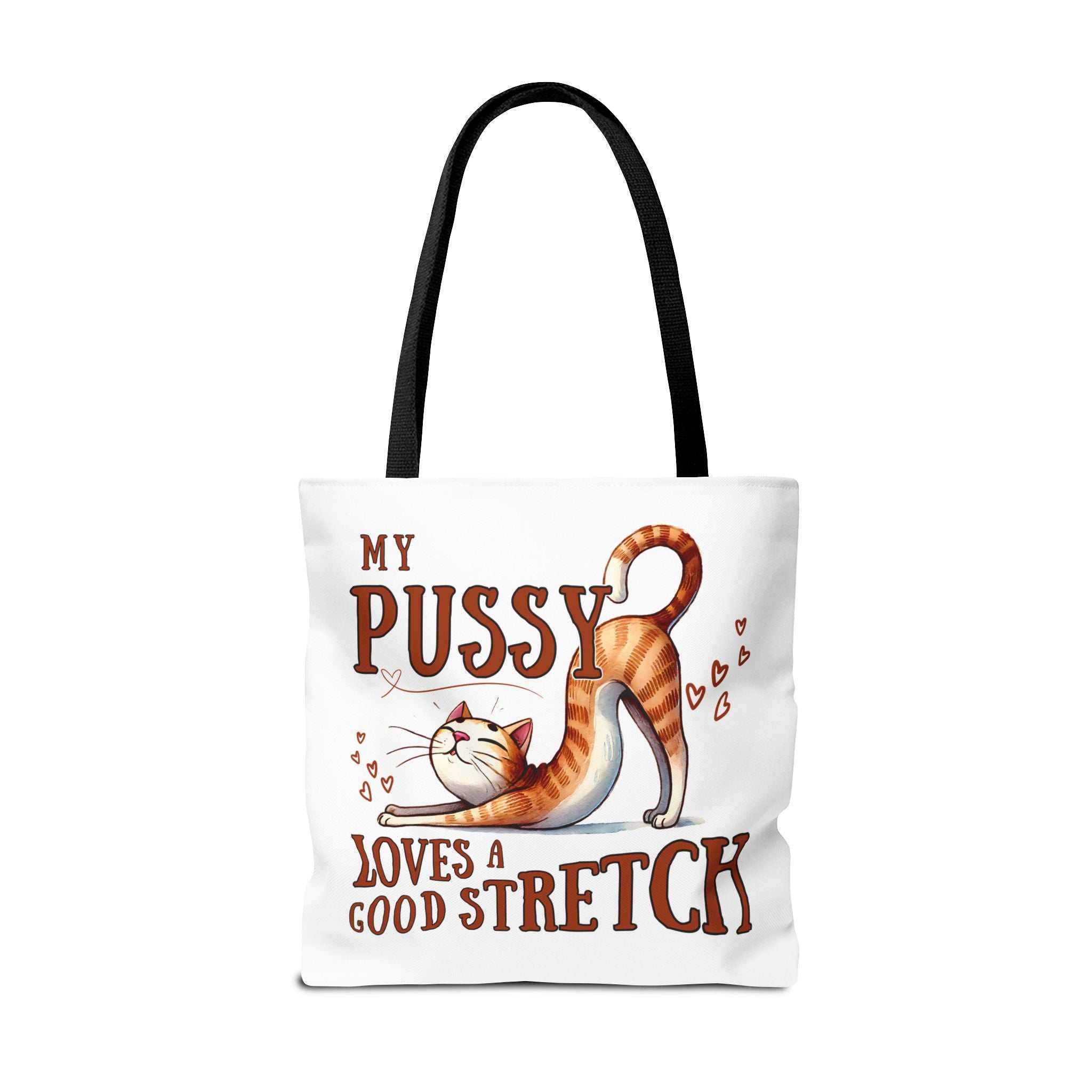 Fun stretching cat tote bag with cheeky design, durable spun polyester, and multiple handle color options for everyday use