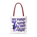 Cheeky fun cat toy tote bag with durable spun polyester and multiple handle colors