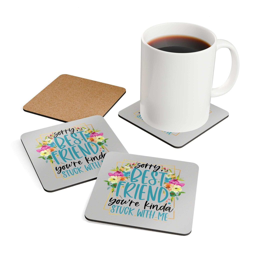 Friend coaster set with playful design, protecting coffee table, high-gloss MDF top, cork backing, water-repellent, heat-resistant.