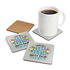 Friend coaster set with playful design, protecting coffee table, high-gloss MDF top, cork backing, water-repellent, heat-resistant.