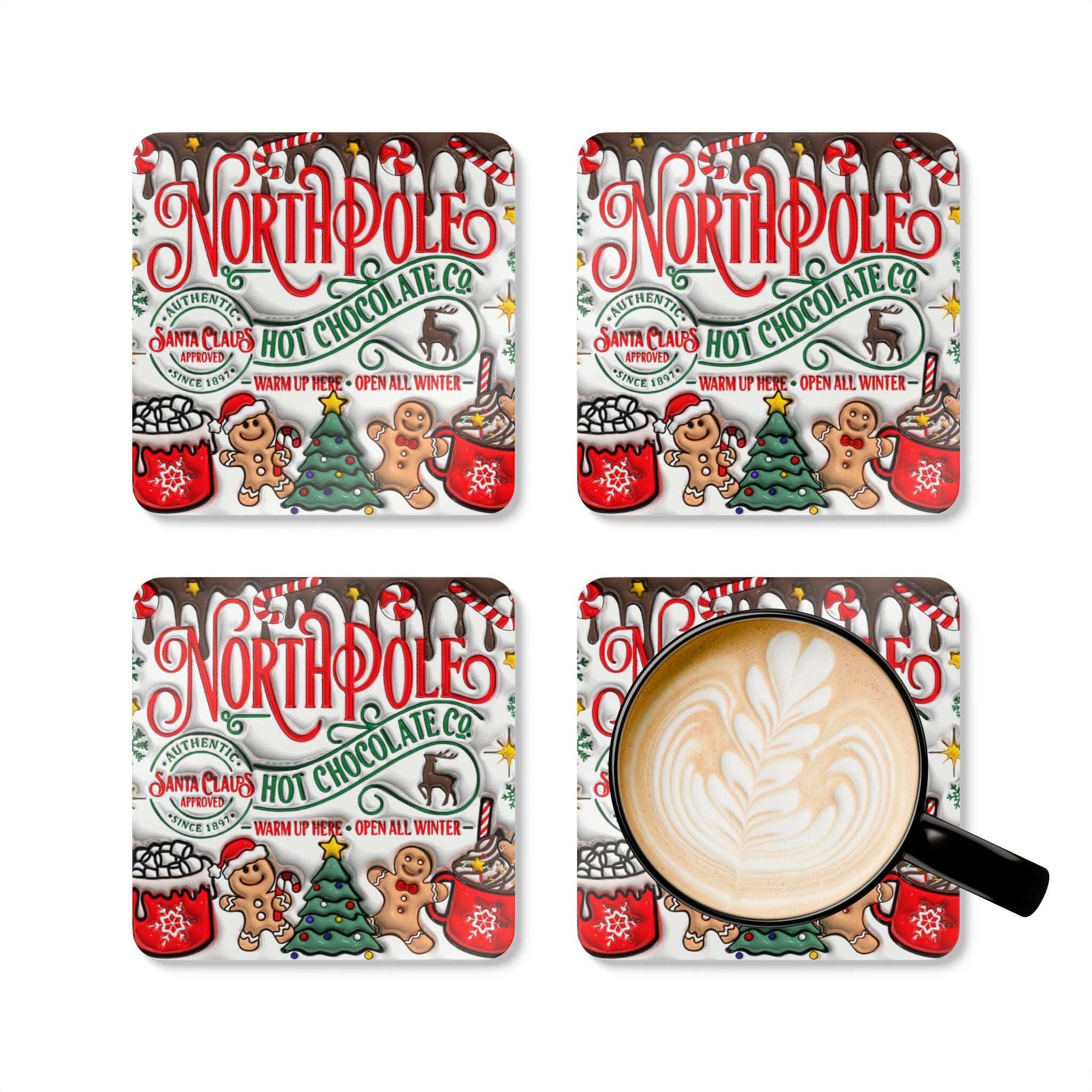 Northpole Christmas Coaster Set with festive design and mug.