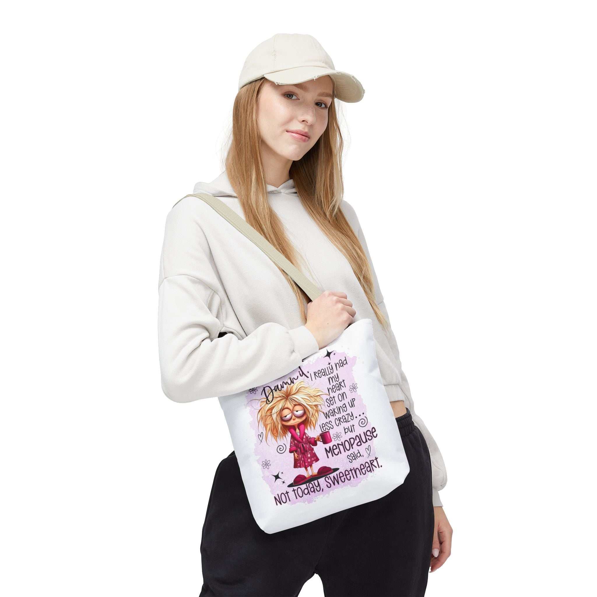 Cheeky menopause humour tote bag with durable spun polyester and colorful handles for everyday use