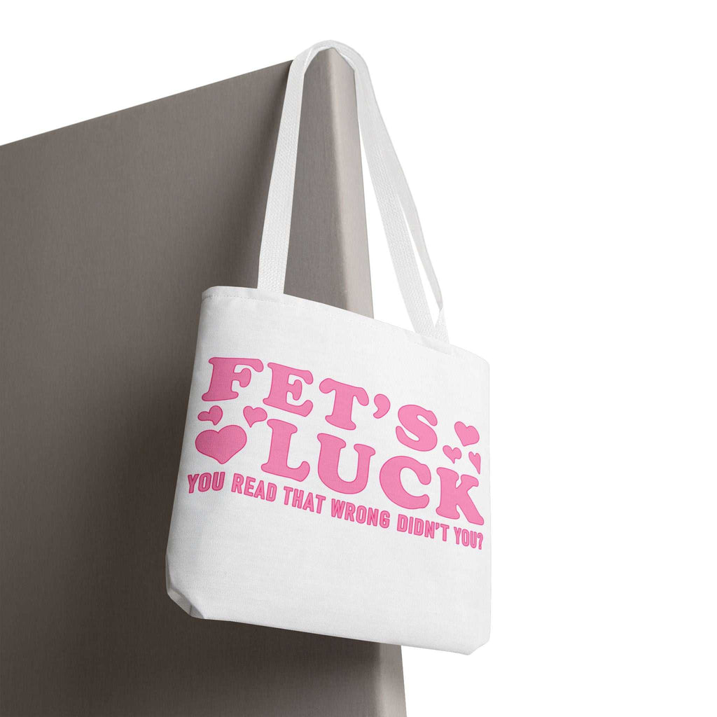 Pink heart tote bag with cheeky fun print and multiple handle color options