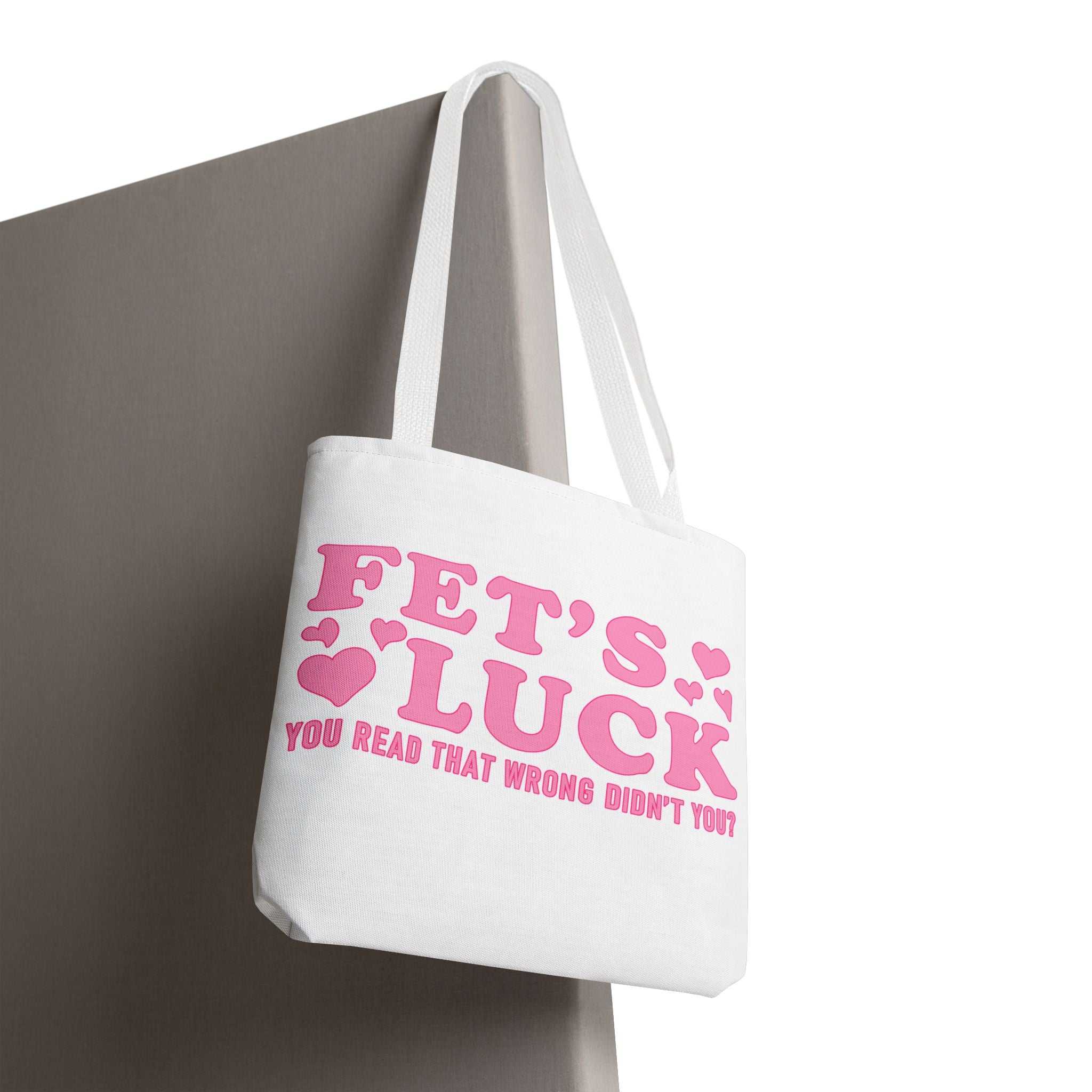 Pink heart tote bag with cheeky fun print and multiple handle color options