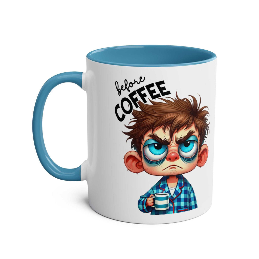 Fun sarcastic coffee mug with a cartoon character holding a cup, featuring a humorous "before coffee" design.