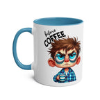 Fun sarcastic coffee mug with a cartoon character holding a cup, featuring a humorous "before coffee" design.