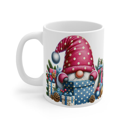 Cute gnome Christmas mug with festive design, 11oz ceramic, glossy finish.