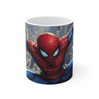 Spider-Man Comic Mug featuring vibrant web-slinger design with glossy finish, 11oz ceramic, microwave and dishwasher safe.