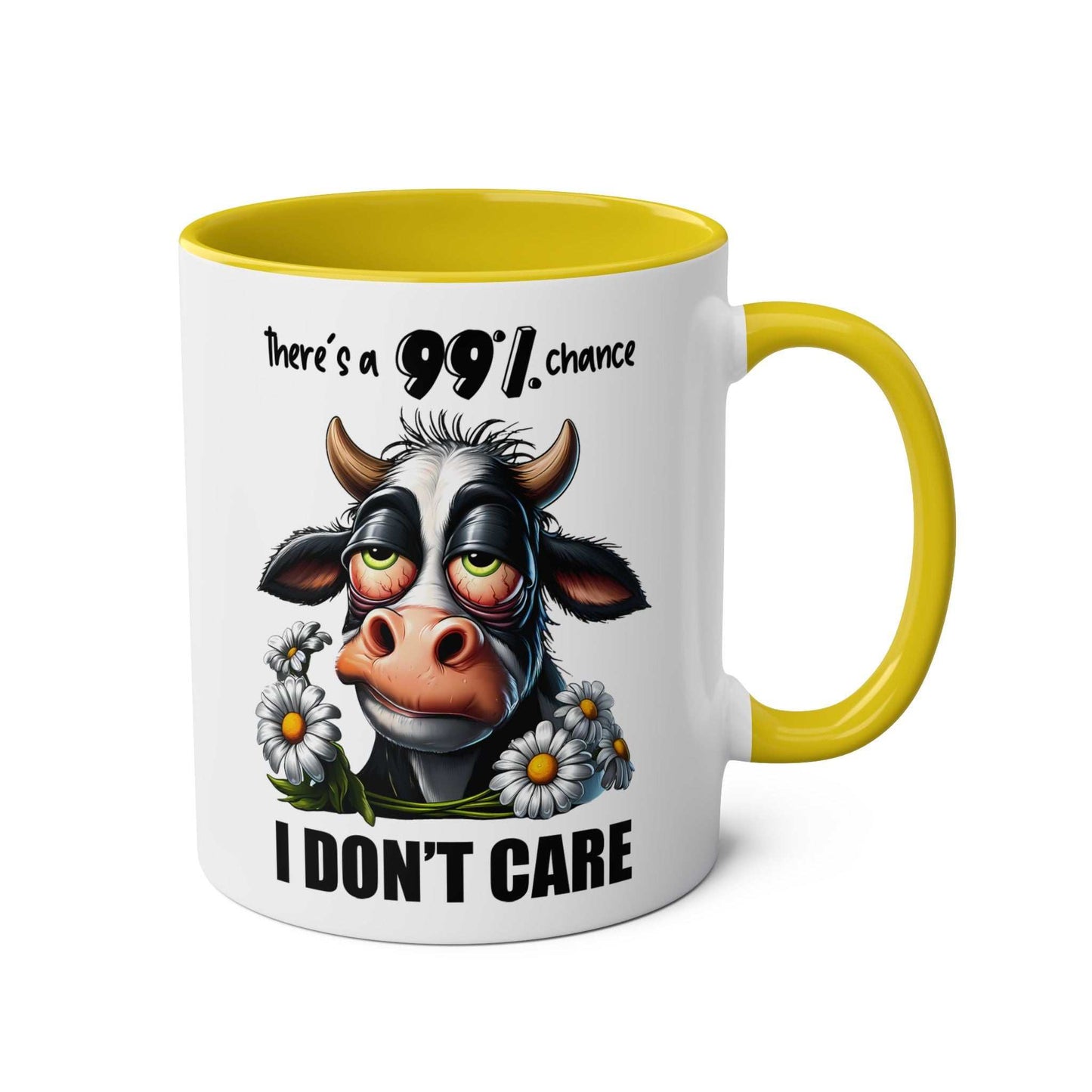 Sarky cow design I Dont Care Coffee Mug with bright yellow handle and interior.