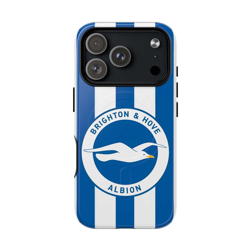 Brighton FC MagSafe iPhone case with blue and white stripes and seagull crest, dual layer protection, and wireless charging compatible