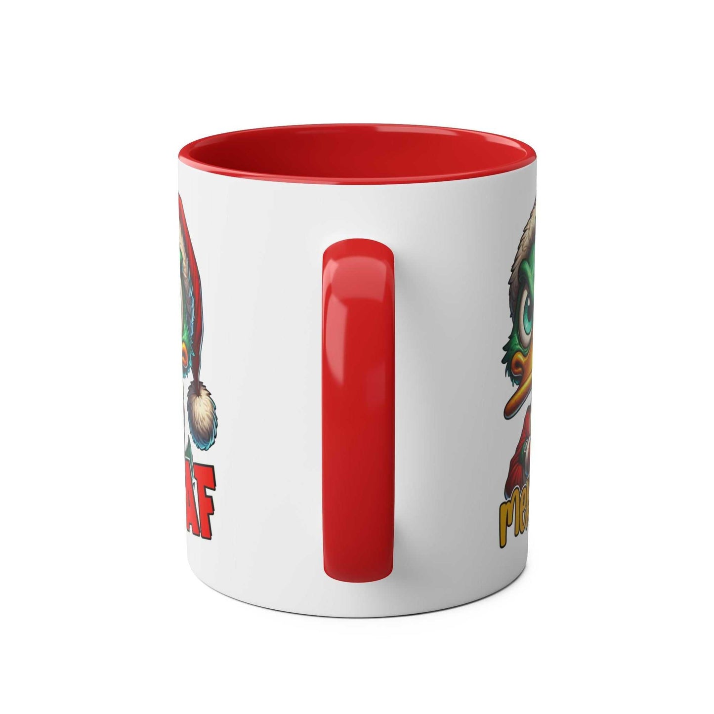 Novelty Christmas Mug with sassy duck design, available in 7 colors, 11oz ceramic, microwave and dishwasher safe.