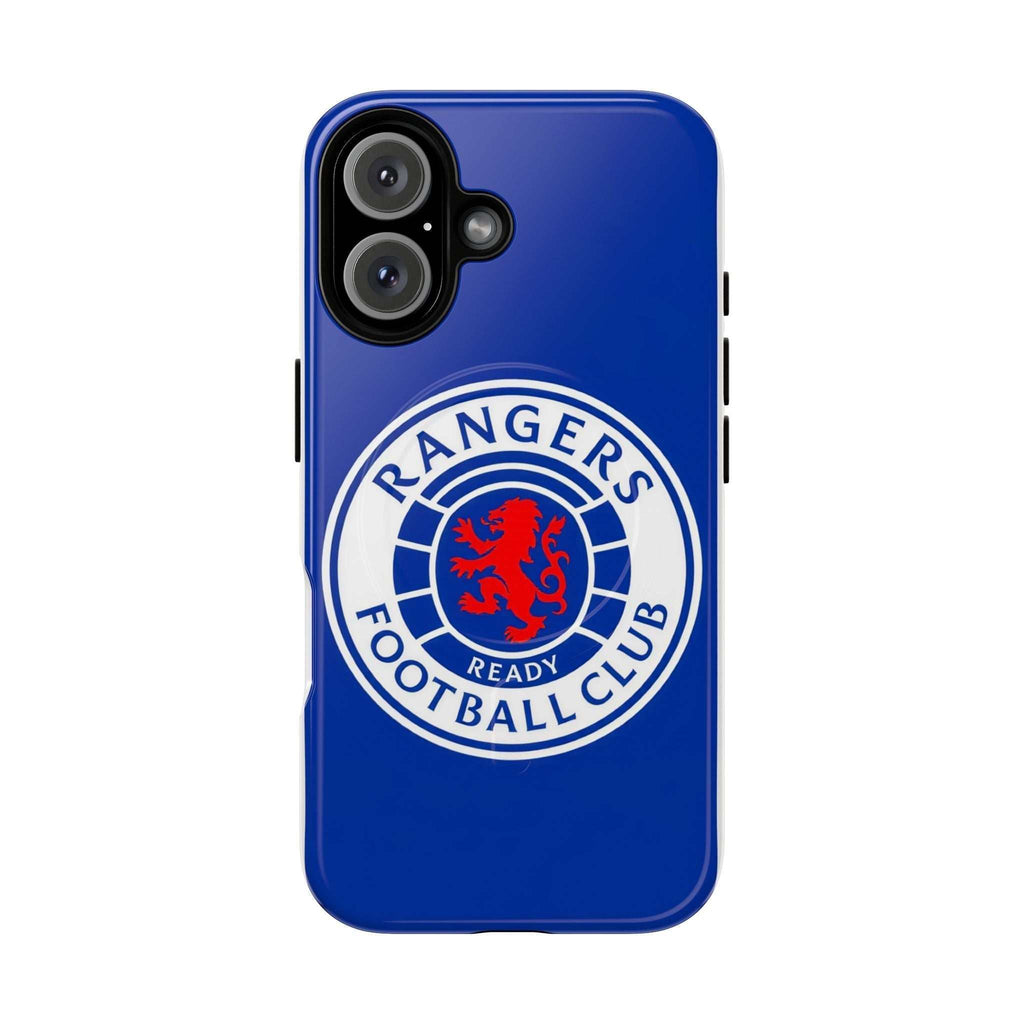 Rangers FC MagSafe iPhone case in royal blue with club crest, dual-layer protection, and MagSafe compatibility