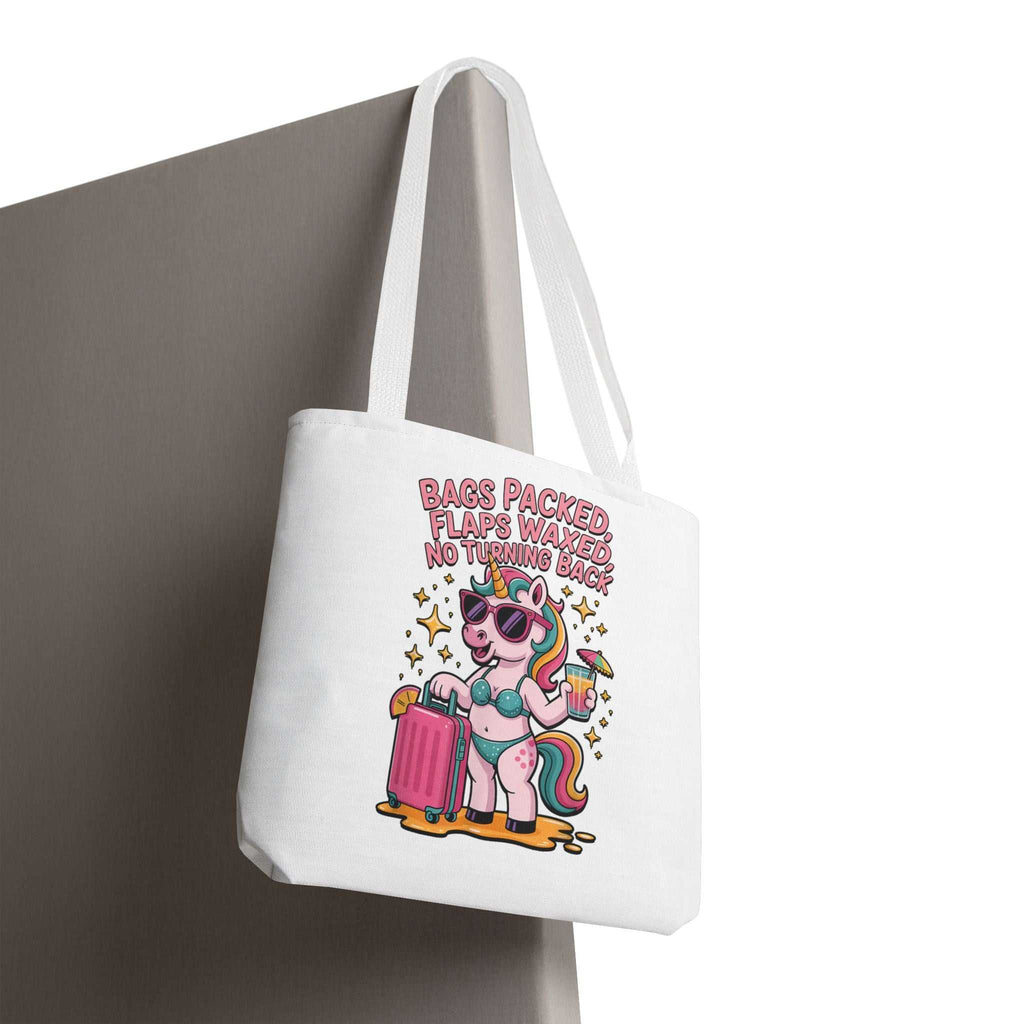 Cheeky fun unicorn travel tote bag with colorful handles and durable spun polyester fabric