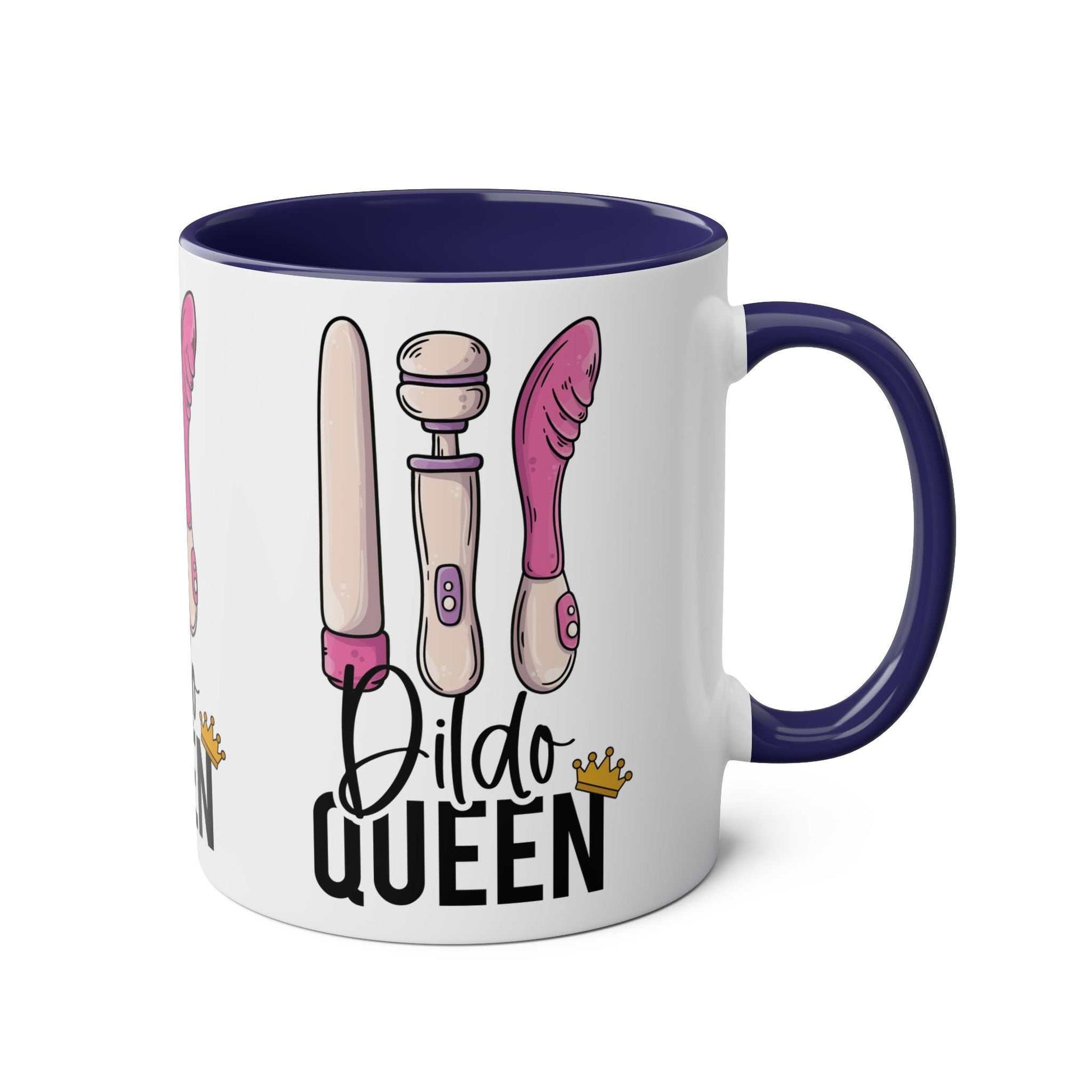 Cheeky Dildo Queen Coffee Mug with playful design and crown graphic.