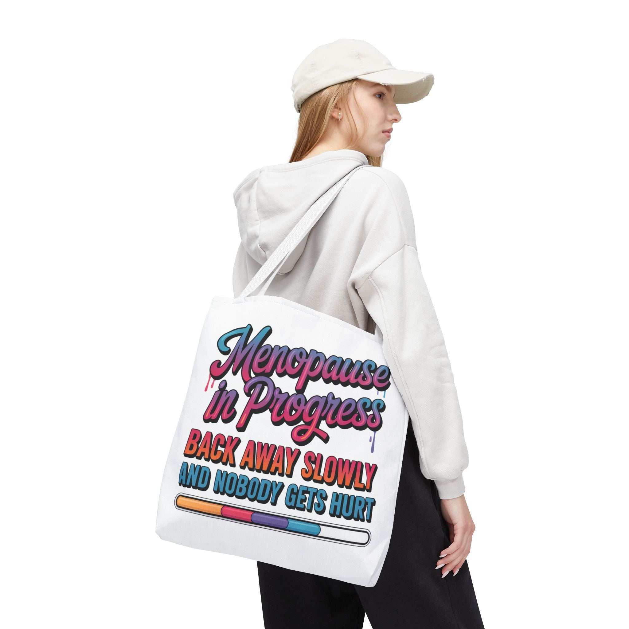Menopause in Progress tote bag with cheeky design, durable polyester, multiple sizes and handle colors