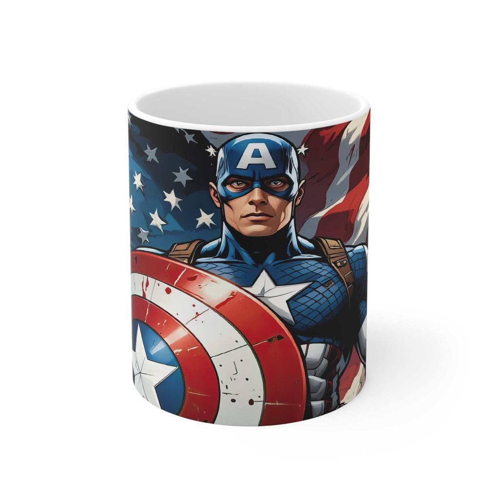 Captain America inspired ceramic mug with superhero design and American flag background