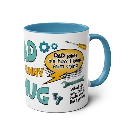 Fun Fathers Day Gift Mug with humorous dad jokes, blue handle, and colorful design.