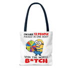 Funny Minion tote bag with cheeky design, durable spun polyester and colorful handles.