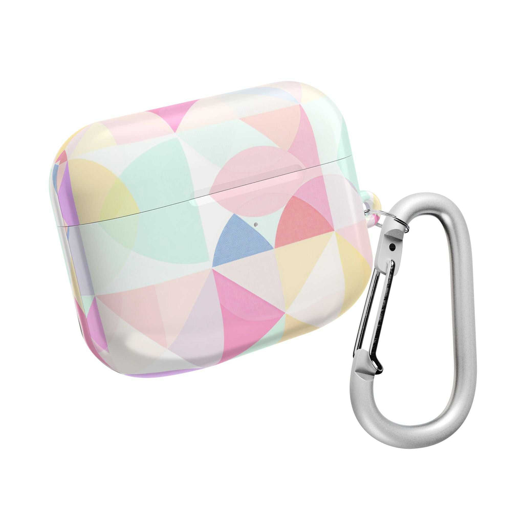 Pastel geometric print hard shell AirPods/Pro protective case with glossy finish and carabiner clip