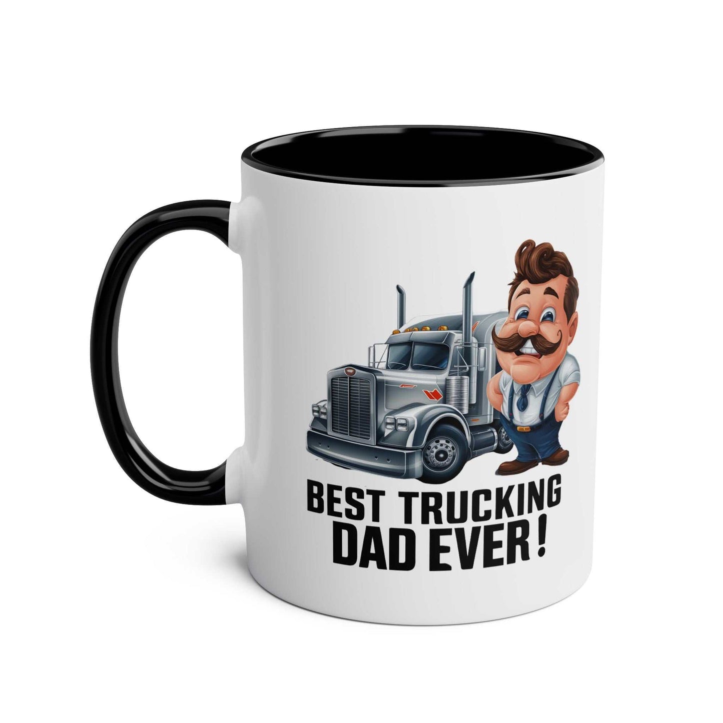 Best Trucking Dad Ever mug with colorful truck design, perfect Father's Day gift.