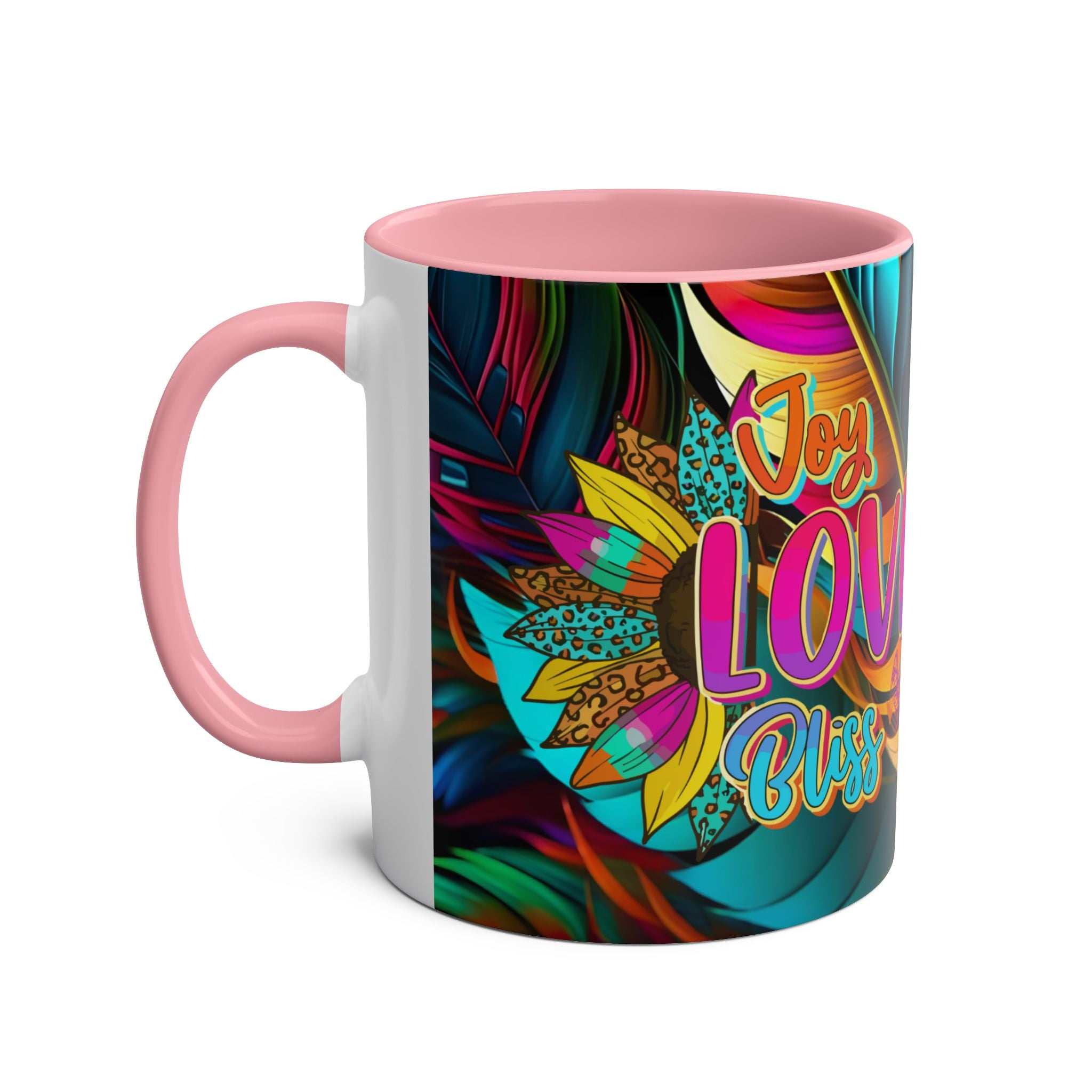 Vibrant LGBTQ+ Pride mug with rainbow design and pink handle.