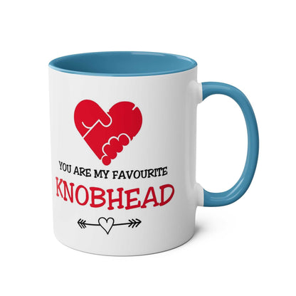 Funny ceramic mug with "You Are My Favourite Knobhead" and heart design, blue handle and interior.
