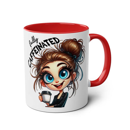 Fun Sarcastic Coffee Mug with cartoon character and text "fully caffeinated", red interior.