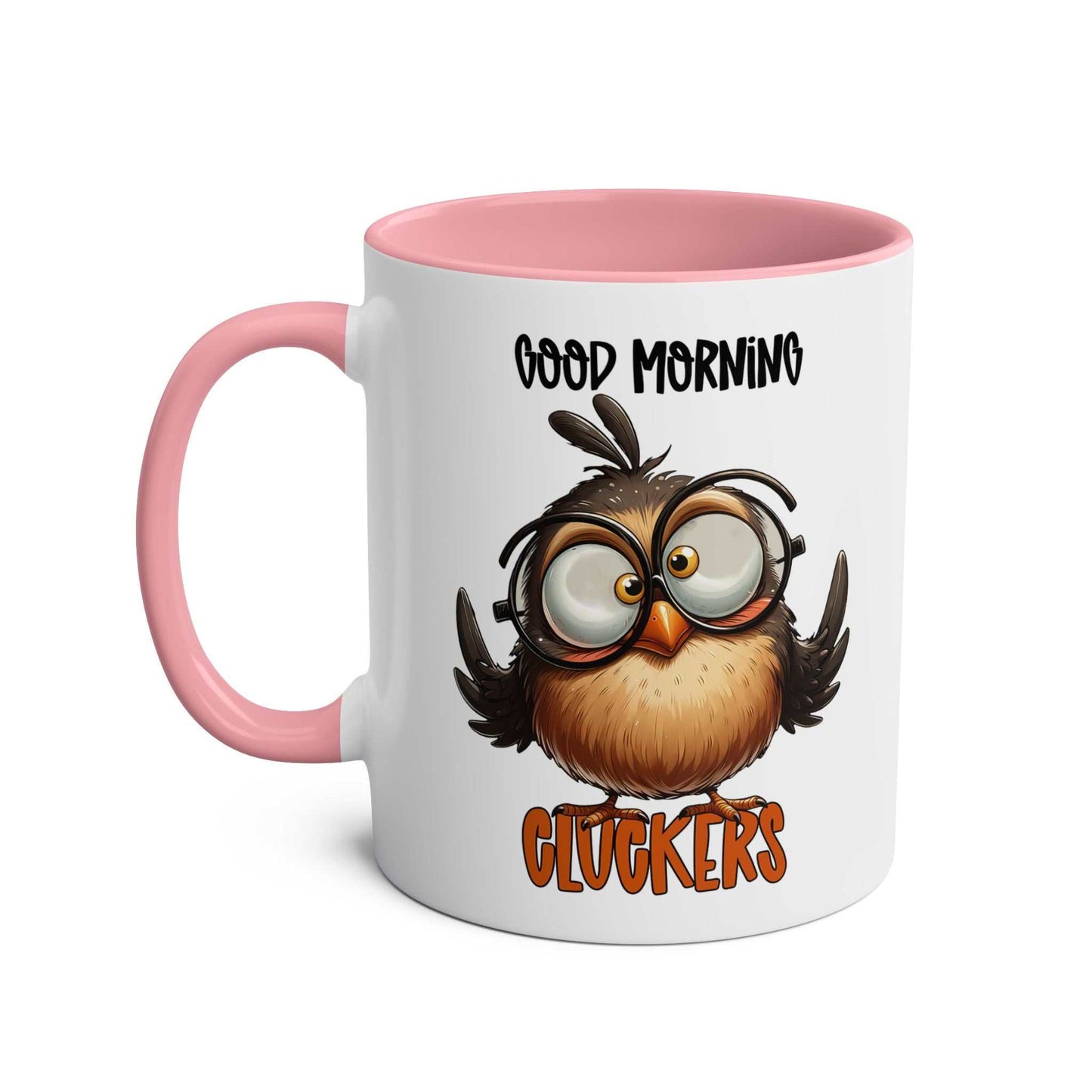 Morning Cluckers Coffee Mug with humorous design, 11oz ceramic, pink handle and interior.