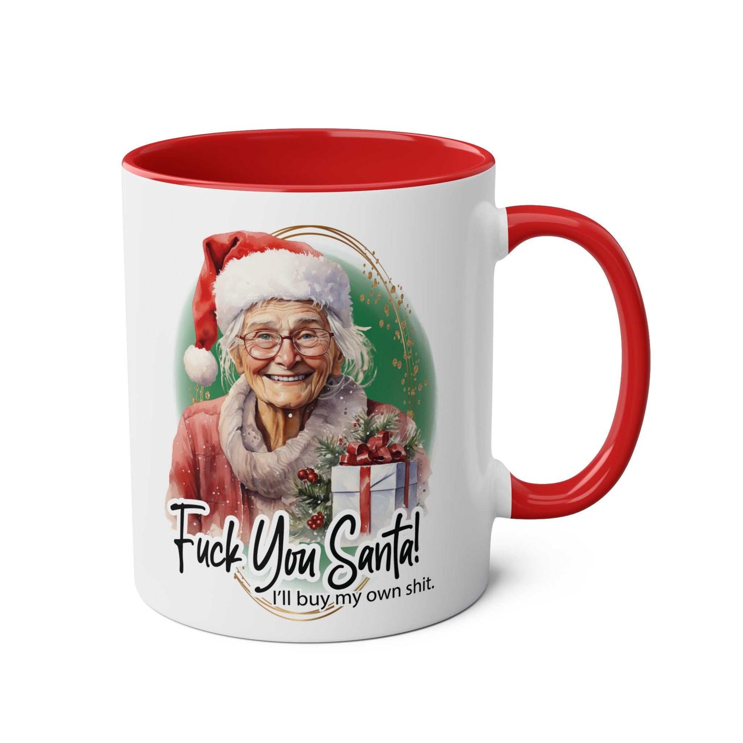 Sweary Granny Christmas Mug with festive design featuring cheeky message and red interior.