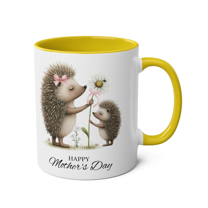 Cute Hedgehog Mother's Day Gift Mug with adorable hedgehog design, yellow handle, and inside.