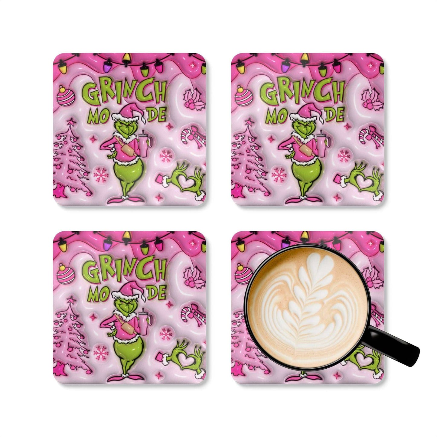 Grinch Mode Christmas Coaster Set featuring grumpy Grinch design, perfect holiday decor with high-gloss top and cork backing.