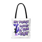 Cheeky fun cat toy tote bag with colorful handles and durable polyester design