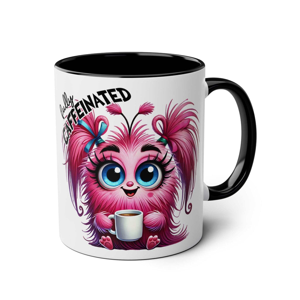 Fun Sarcastic Coffee Mug with quirky pink creature design and 'Caffeinated' text, perfect for coffee lovers.