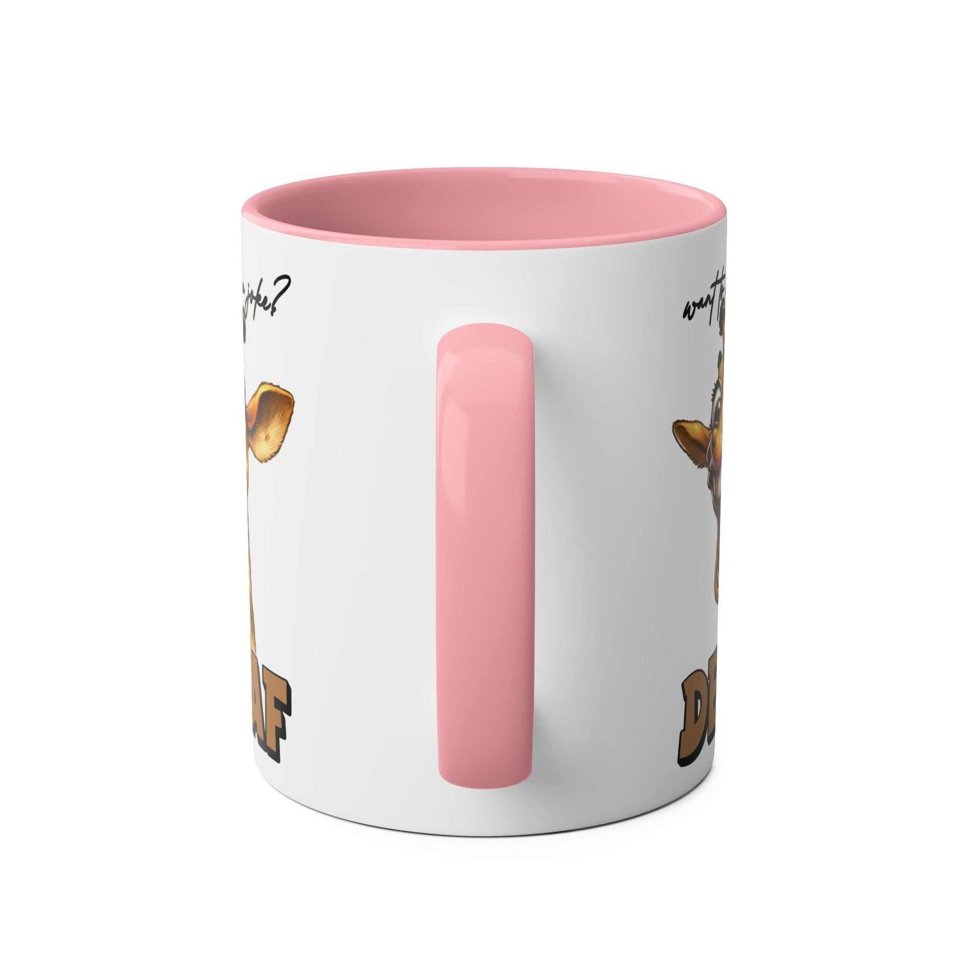 Decaf Joke Coffee Mug with giraffe and humorous quote, pink handle, 11oz ceramic, microwave and dishwasher safe.