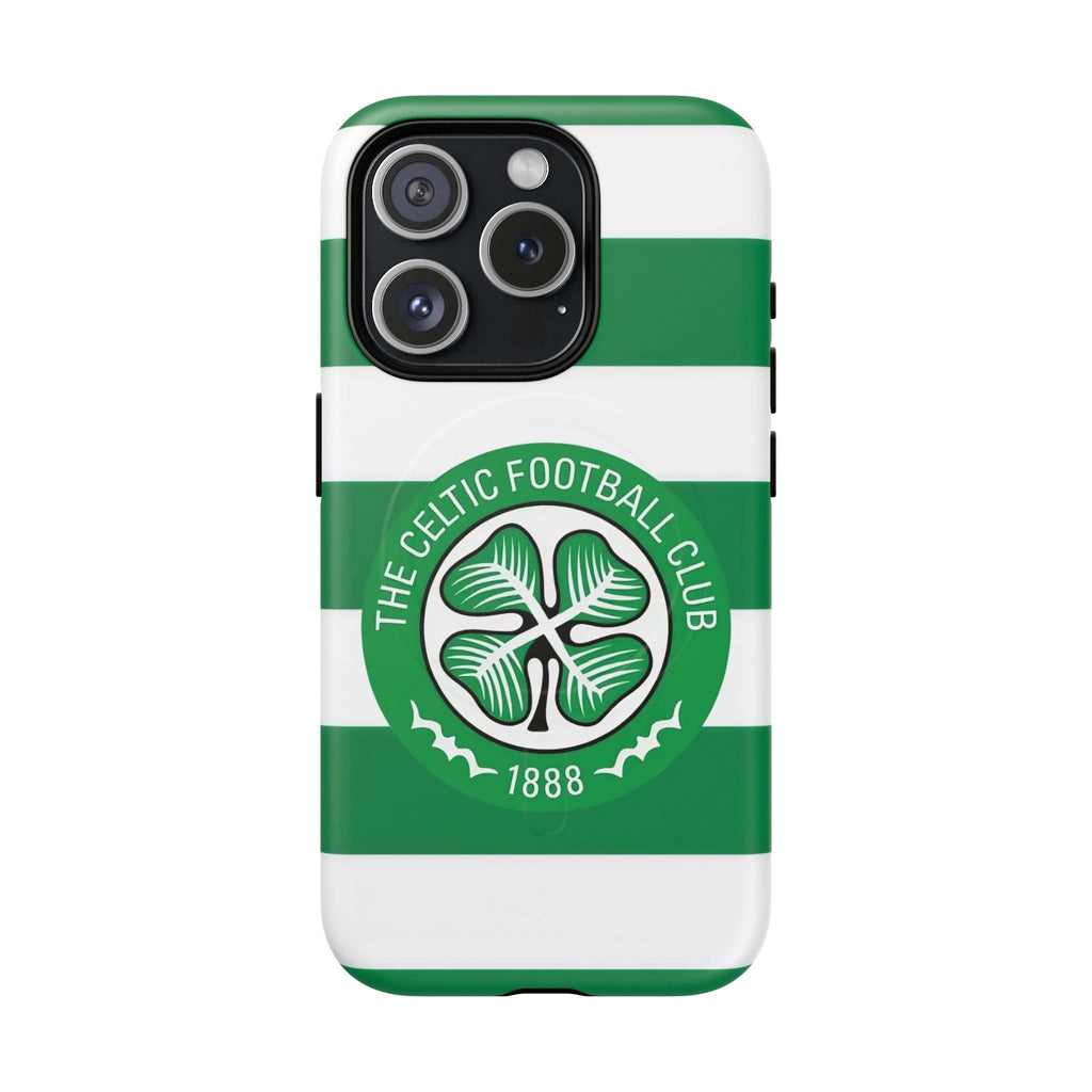Celtic MagSafe iPhone Case with green and white stripes, Celtic Football Club crest, dual-layer protection and MagSafe compatibility.