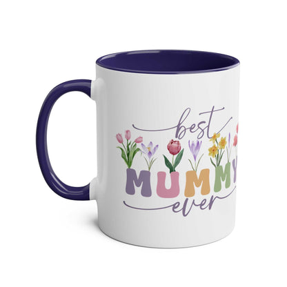 Best Mummy Ever Mothers Day gift mug with floral design, navy handle, and glossy finish.