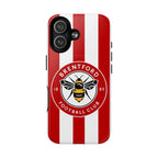 Brentford FC MagSafe iPhone case with red and white stripes and team bee crest, dual layer protective design, compatible with MagSafe charging