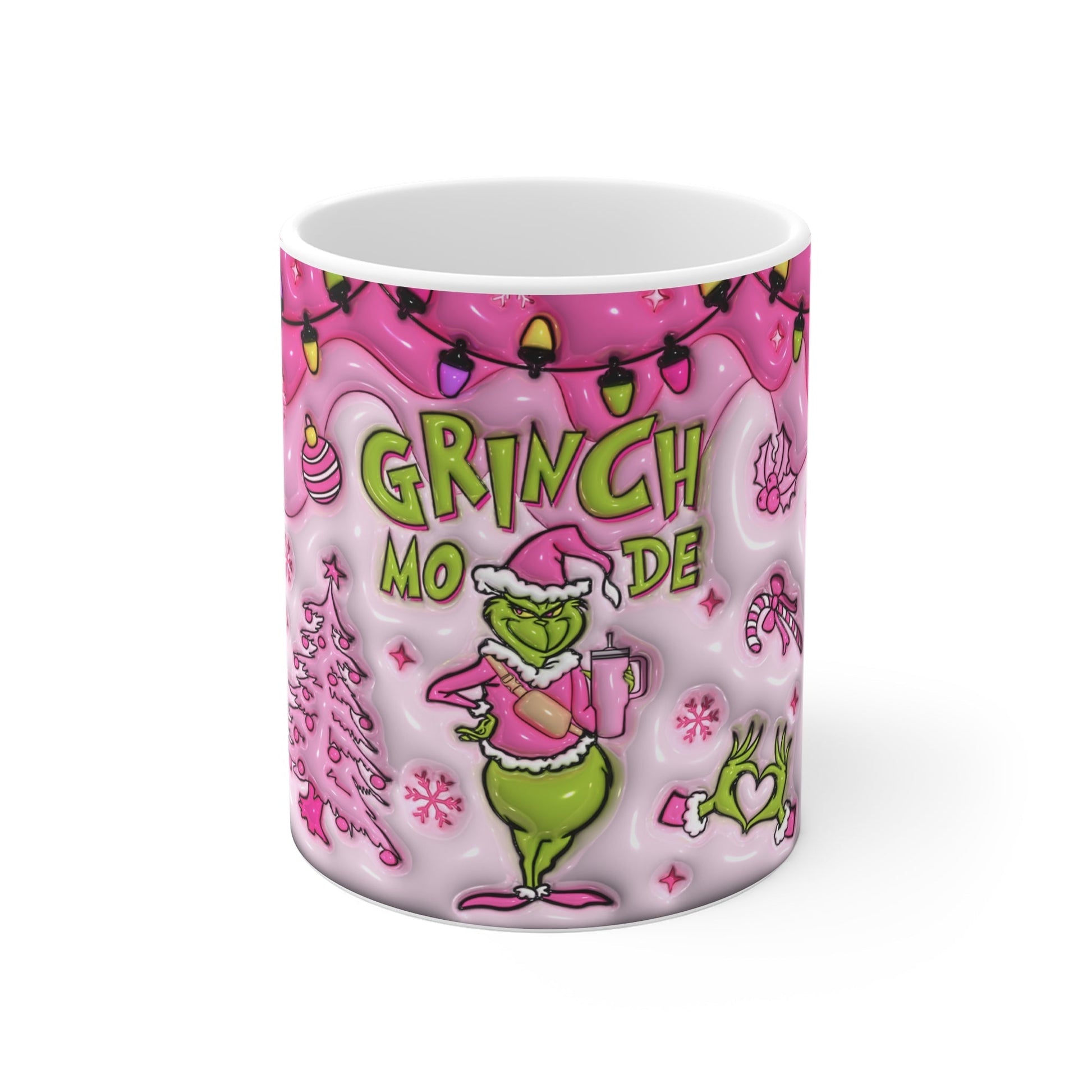 Grinch Mode Christmas Mug with festive design, 11oz ceramic, glossy finish.