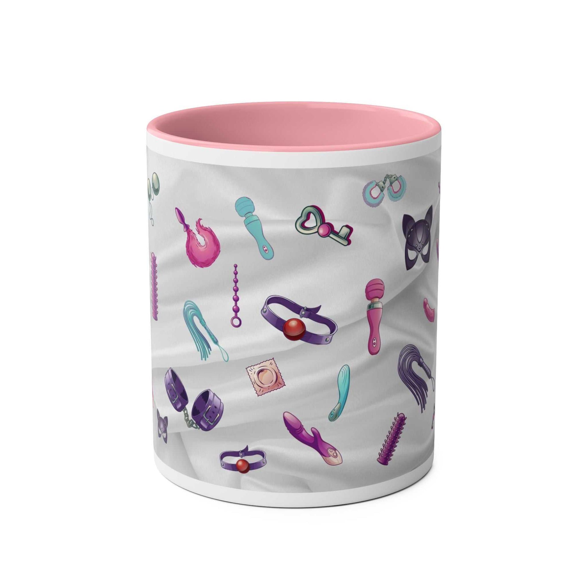 Fun Sex Toy Coffee Mug with playful pattern and pink interior, 11oz ceramic, microwave and dishwasher safe.