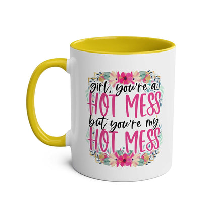 Hot Mess Coffee Mug with floral design and sassy quote, yellow handle, 11oz ceramic, microwave and dishwasher safe.