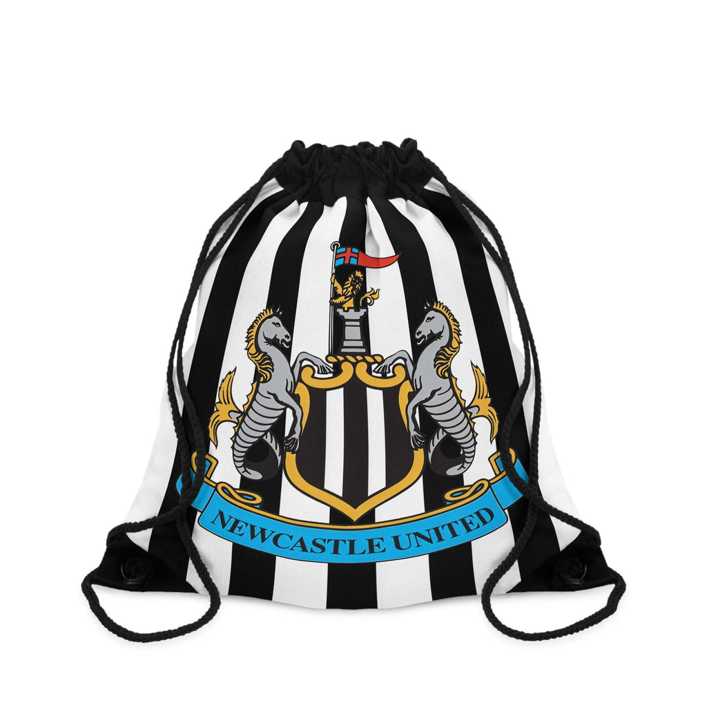 Newcastle Utd drawstring bag with black and white stripes, featuring the club crest, lightweight polyester, spacious and durable for sports and casual use